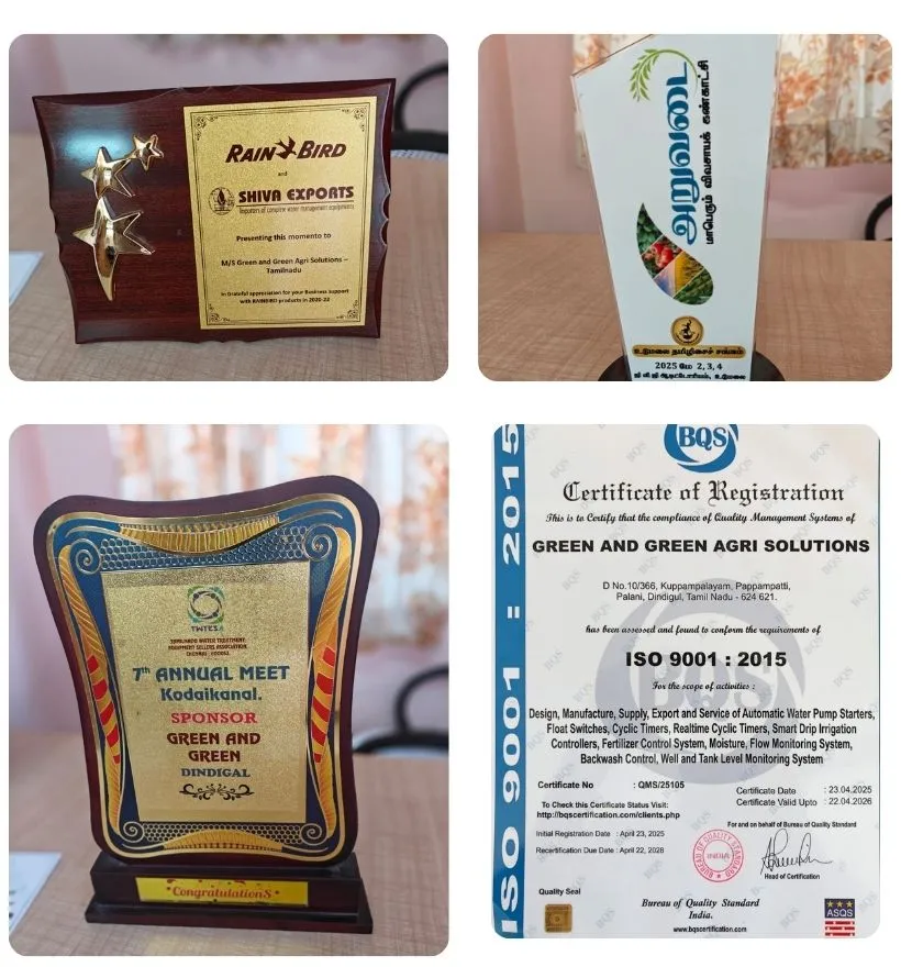 Three award plaques and the ISO 9001:2015 certificate of Green and Green Agri Solutions