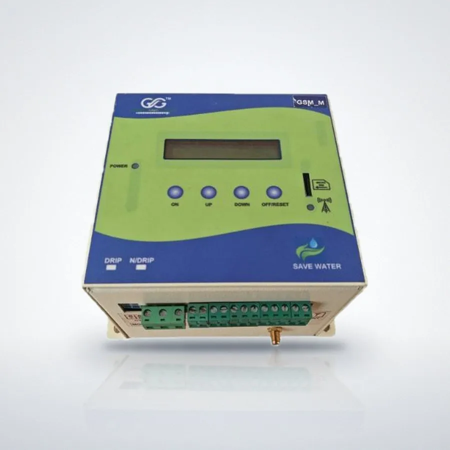 Little GSM M pump controller: a lime and green box with a screen and four buttons