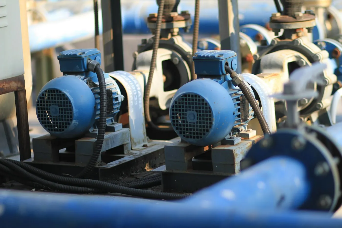 Pump motors, pipework and valves in a pump house
